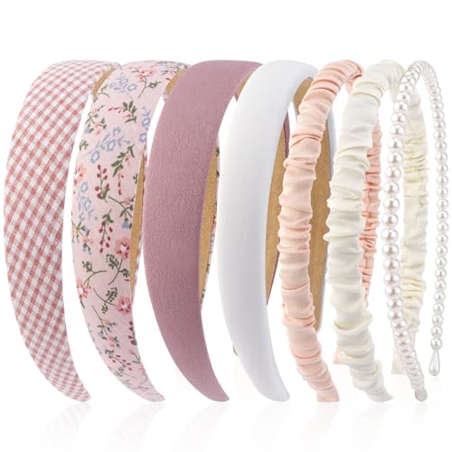 VELSCRUN 7 Pcs Different Headbands for Women Fashion Pink Solid Head Bands Pearl Headband Non Slip Hair Band for Womens Thin Thick Short Hair Face Wash Hair Accessories Gifts for Women Gilrs - color: Daily Pink