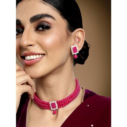 Aheli Ethnic Choker Necklace Earrings Wedding Bollywood Party Jewelry Set Gift for Women - color: Rani Pink 2
