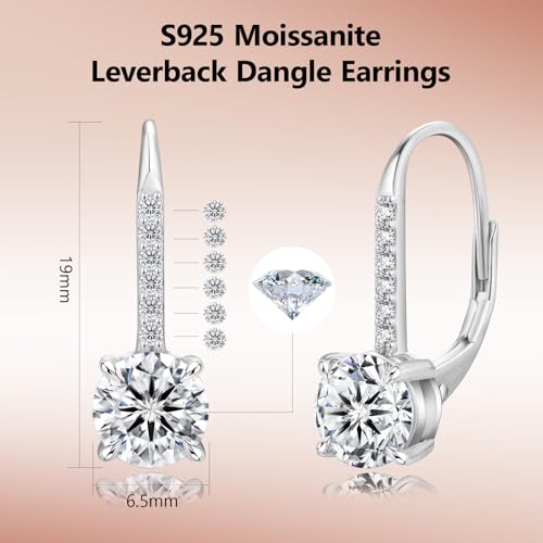 KRKC Moissanite Earrings, 1.0ct-2.0ct D Color Lab Created Diamond Earring, 14k White Gold Plated Sterling Silver Dangle Earrings S925 Leverback Drop Earring for Women Hypoallergenic Jewelry for Gifts - color: Round-Silver-6.5mm-Gift for Mom
