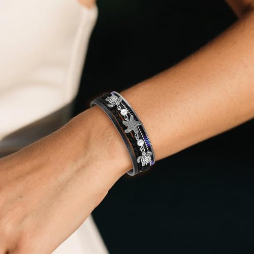 Long tiantian Boho Leather Wrap Bracelets Western Bracelets for Women Stackable Starfish Crystal Pearl Turquoise Leather Bracelet With Clasp Jewelry Gifts Boho Dresses - color: B4:BLACK Bracelet