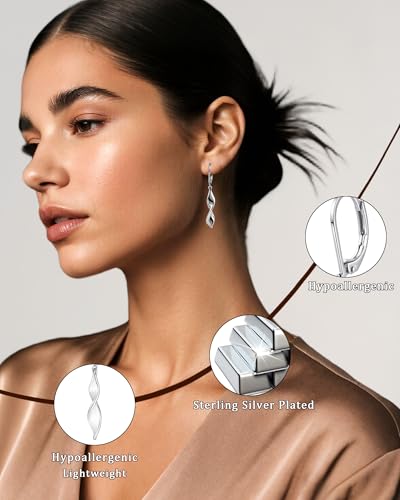 Silver Twisted Leverback Earrings for Women, Hypoallergenic Silver Spiral Drop Dangle Earrings for Women Statement Lightweight Leverback Dangling Jewelry Gifts