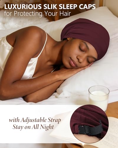 100% Mulberry Silk Bonnet for Sleeping Women Men, Real Silk Lined Bonnets for Curly Hair, Braid Sleep Cap Black Womens - color: Wine Red