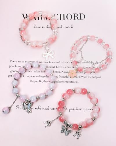 PENTA ANGEL Beaded Charm Bracelets for Women 4Pcs Stretch Stackable Crystal Glass Bead Bracelet with Butterfly Bow Flower Pendant for Birthday Christmas Party Favor Gift