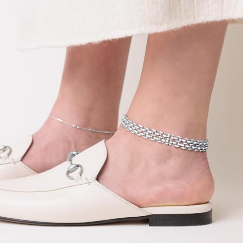 KissYan Gold Ankle Bracelets for Women, 14K Gold Anklets Chunky Cuban Link Chain Summer Beach Foot Jewelry Gifts for Women - color: Brick Link-Silver