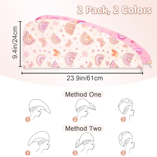Basumee Microfiber Hair Towel Wrap for Kids 2 Pack Rapid Drying Hair Towel with Button Hair Turbans for Wet Hair Wraps Head Towel Wrap for Women and Girls - color: Brown Pink Rainbow