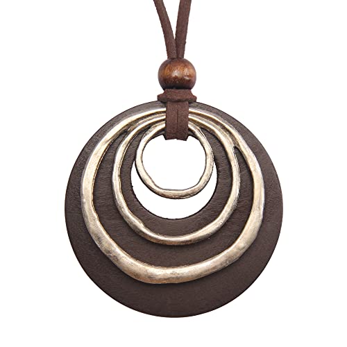 GelConnie Leather Cord Necklace Chain Multilayer Wooden Pendant Necklaces Vintage Jewelry Boho Long Sweater Necklace for Women Men - color: 3 circles Brown Necklace