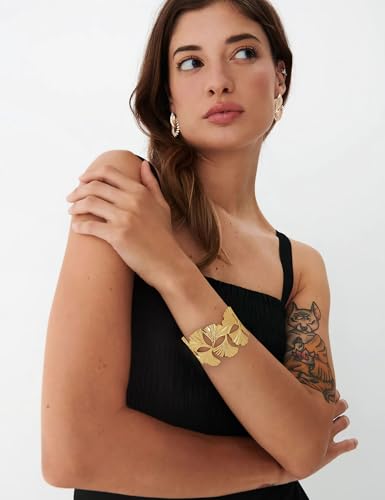WOWORAMA Chunky Gold Cuff Bracelets for Women Vintage Gold Flower Butterfly Bracelet Trendy Boho Wide Open Cuff Bangles Matte Statement Bracelet - color: Ginkgo Leaf