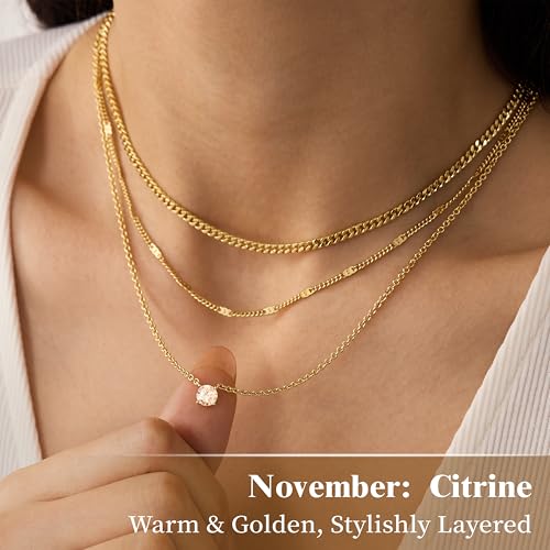 WomenGifts Layered Gold Necklaces for Women, 14K Gold Sterling Silver Plated Dainty Pendant Necklace Set Non Tarnish, Chunky Stackable Cuban Chain Choker, Trendy Birthstone Vacation Jewelry Gift - color: Gold, style: Cubic Zirconia-Created Citrine-Nov