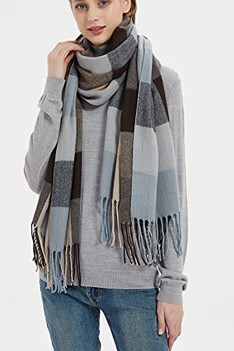 Wander Agio Women's Fashion Long Shawl Big Grid Winter Warm Lattice Large Scarf - color: Blue Brown 9