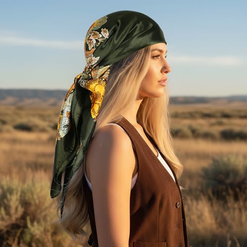 Pistha Head Scarf Bandana for Women, Satin Scarf for Hair, Large Square Silk Bandana Headscarf for Women and Men 35 Inch - style: Classic-green