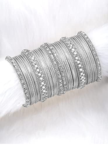 Aheli Ethnic Colorful Metal Bangles Chudha Set Stone Studded Bangle Set Indian Wedding Wear Fashion Jewelry Gift for Women Blue - color: Silver