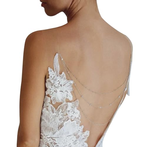 Wedding Multi-layered Rhinestone Back Chain Necklace Layered Bridal Crystal Back Chain Jewelry Festival Rave Rhinestone Backdrop Jewelry Dress Shoulder Body Chain Jewelry for Women - color: Tassel-silver