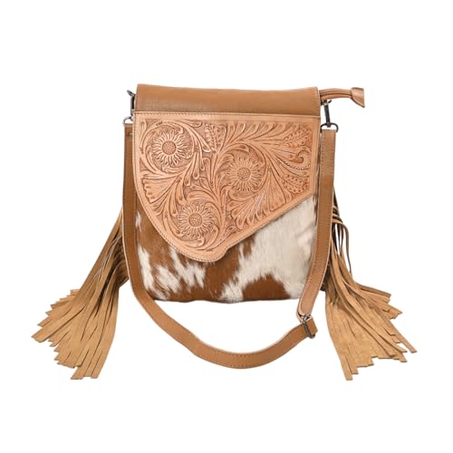 Merbaa Sunset Star Crossbody Bag - Real Cowhide Hairon Women's Handbag with Leather Fringes - color: Tan