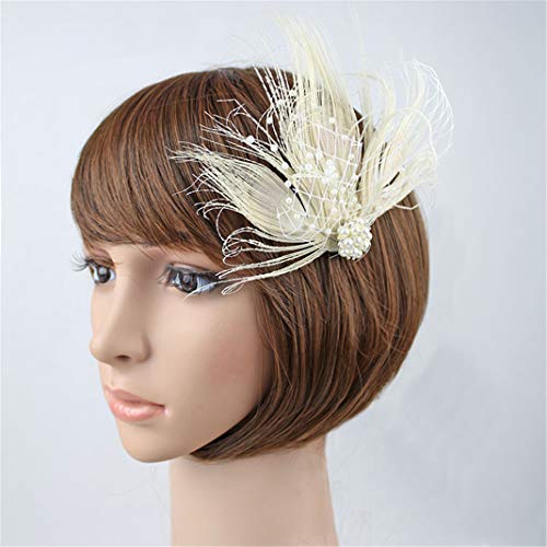 Fascinator Peacock Feather Hair Clips Flapper Headband Art Deco 20's Accessories for Women - color: 05beige