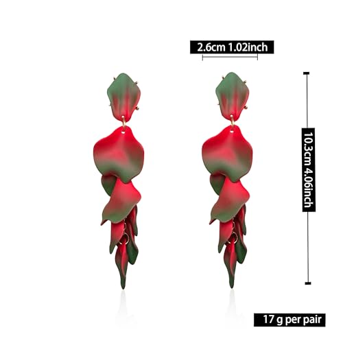Long Acrylic Rose Petal Earrings Dangle Exaggerated Flower Earrings Drop Statement Floral Tassel Earrings for Women - color: Green + Red