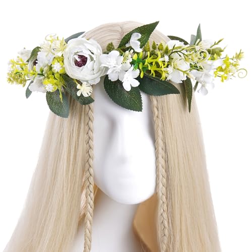 White Flower Crown Headband, Adjustable Bridal Boho Floral Headpiece, Fairy Woodland Forest Flower Headbands for Women Girls Maternity Birthday Wedding Festival Party Hair Accessory - color: Daisy White