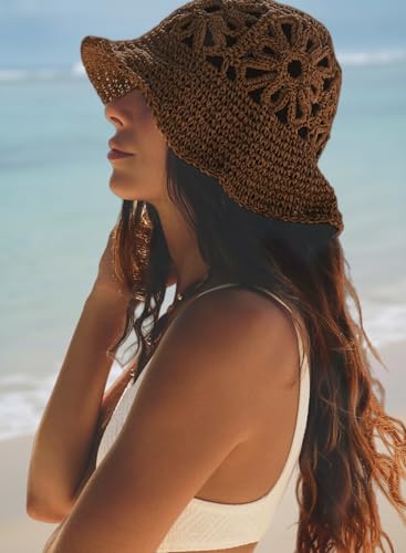 Handmade Women's Crochet Straw Bucket Hat Packable Daisy Beach Cap | Adjustable Inner Drawstring, Airy Lightweight Paper Fiber, Face Shade, Easy Storage, Feminine Openwork Floral Style - color: Coffee