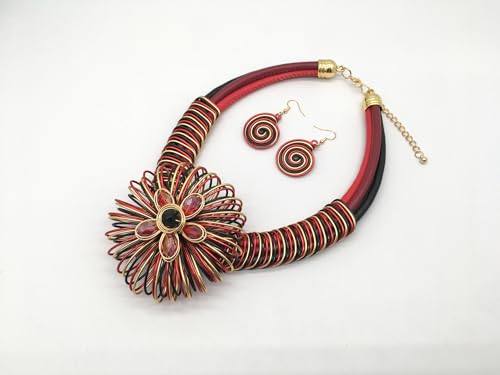 Statement African Necklace For Women African Jewelry Costume Earring Sets Tribal Fashion Colorful Big Rhinestone Crystal Pendent Collar Choker Bold Chunky Bib Handmade - color: Flower red
