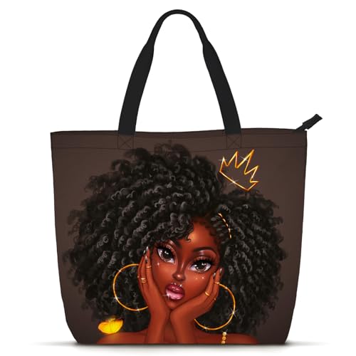 African American Women Tote Bag Black Shoulder Handbag For Women Fit Work Beach Labtops With Zip - color: Black Women 10