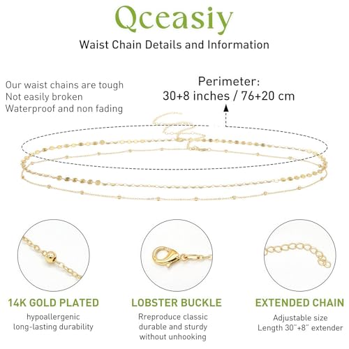 14K Gold Plated Waist Chain for Women, 2Pcs Adjustable Pearl Beads Body Chain, Sexy Layered Summer Beach Bikini Belly Jewelry Accessories - style: Satellite&Sequins
