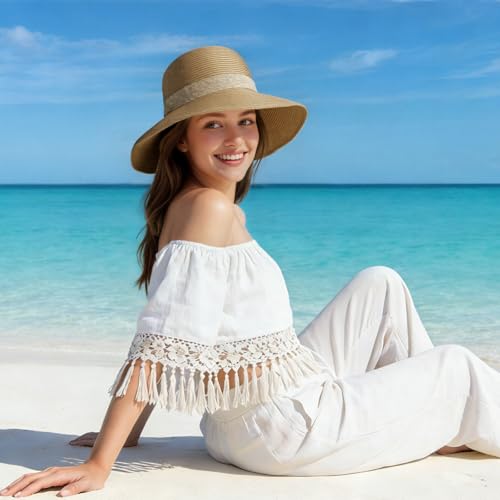 Beach Hats for Women Summer Straw Sun Hats Wide Brim Hat Foldable Packable for Travel Vacation - color: Khaki