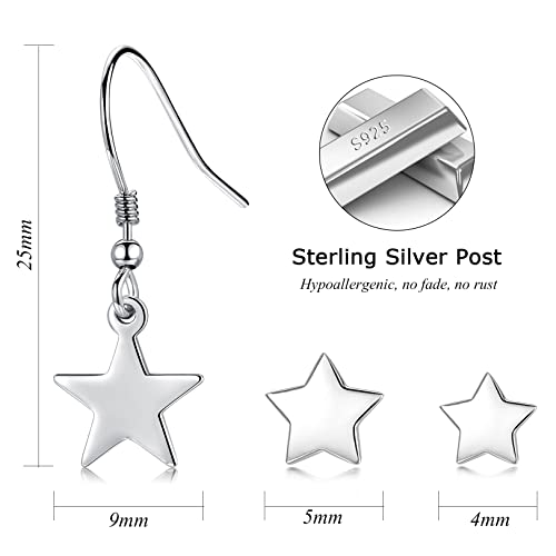 3 Pairs 925 Sterling Silver Star Stud Earrings for Women,Tiny Simple Geometric Stud Earrings Set Small Hypoallergenic Cartilage Tragus Ear Jewellery for Men (3/4/5mm) - color: 04 Silver-3 Pairs-dangle & stud
