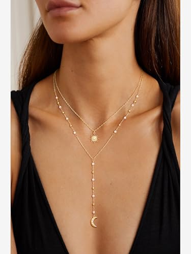 CHESKY Long Necklaces for Women, 14k Gold Plated/Streling Silver Lariat Necklace Dainty Statement Prom Necklace Rosary Cross Sun Drop Pendant Dangle Necklace Gold Prom Jewelry for Women Gifts - style: y necklace 16