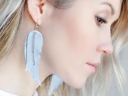 Black shiny Leather Feather Earrings for Women, Lightweight Minimal Boho Dangle Earrings, Small Simple Everyday Jewelry - color: baby blue