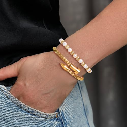 2PCS 18K Gold Plated Nail Bangle & Chain Bracelet Set for Women, Adjustable Stackable Bangle Jewelry, Dainty Gold Bracelet Gift for Women - color: Set C-peal