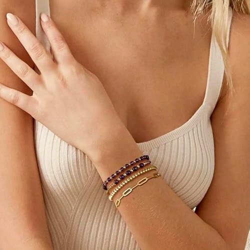 Dainty 14K Gold Crystal Beaded Bracelet Stack for Women,4PCS Cute Ball Purple Gemstones Beads Paperclip Link Stackable Bracelets Set Fashion Festival Birthday Accessories Outfit Jewelry Gift