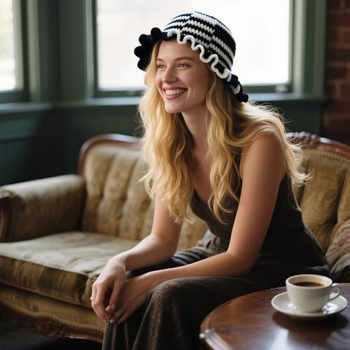 Handmade Crochet Bucket Hat for Women Boho Chic Slouchy Design Colorblock Ruffled Brim Festival&Daily Crochet Hat - color: Black and White Stripe