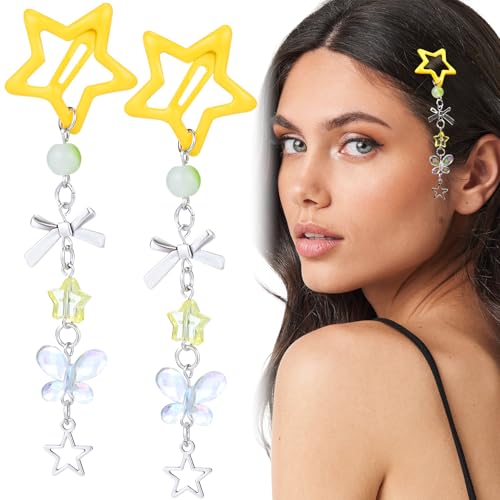 Pndeyo 2pcs Star Tassels Hair Clips for Women, Non-Slip 2000s Y2K Hair Snap Barrettes, Cute Star Bow Butterfly Beaded Pendant Hair Pin Accessories for Braid Long Short Thin Thick Hair- Yellow - color: Yellow-bow shape