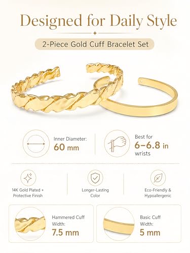 Gold Cuff Bracelets for Women, 14K Gold Plated Open Cuff Bangle Bracelet with CZ Pave, Minimalist Stackable Chunky Gold Bracelet for Women - color: Gold Hammered 2-Piece