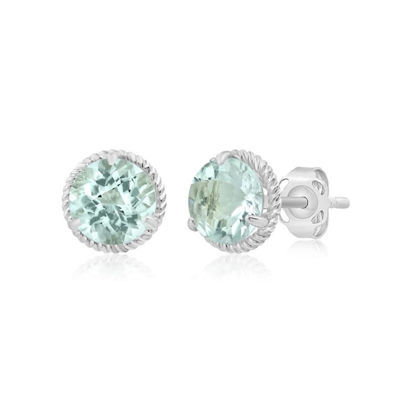 14k White or Yellow Gold Roped Halo Gemstone Round Stud Earrings for Women 6mm Birthstone with Push Backs by MAX + STONE - color: Aquamarine