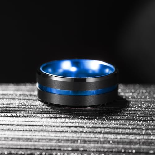 King Will Mens Tungsten Rings for Men Two Tone Grooved Mens Wedding Band Cool - color: Black & Blue 10mm
