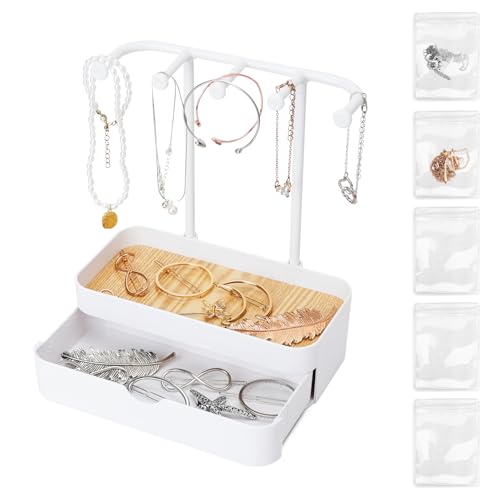 Jewelry Organizer Stand, 2-Tier Necklaces Holder with Wooden Tray and 5 Storage Hooks, Earring Holder with 5 Pcs Jewelry Bags for Bracelet,Chains,Rings,Earrings,Keys Watches (White) - color: Upgraded White