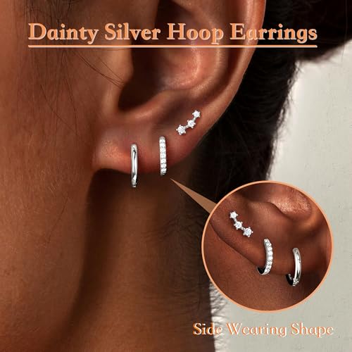 Poxtex Small Sterling Silver Huggie Hoop Earrings Set for Women, Hypoallergenic 14K Gold Plated Hoops Stacks for Multiple Piercings, Dainty Cute Mini Lightweight Cartilage Studs Trendy Jewelry Gift - color: Silver-climber