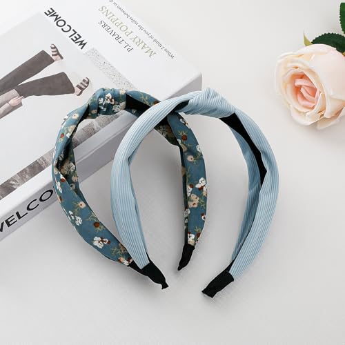 3-Piece Top Knotted Floral Pattern Headbands for Women & Girls, Cute Flower Print Knot Headband, Non Slip Fashion Hair Bands Hairbands (Blue) - color: Blue
