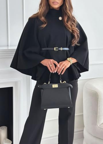 Zaswen Batwing Long Sleeve Cloak Coats for Women Fall Winter Stand Up Collar Oversized Cape Poncho Jackets with Belted - color: Black, size: Medium