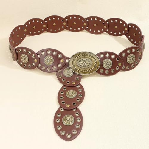 Wide Western Cowboy Disc Belt for Woman Concho PU Leather Belts for Ladies Boho Country Waist Belts for Dress Jeans - color: Brown