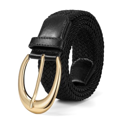 LEACOOLKEY Stretchy Braided Golf Belt for Women Elastic Woven Belts Unisex Elastic Fabric Belt for Jeans Pants - color: Black/Gold Buckle, size: Fit waist size below 39"