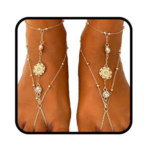 Yalice Gold Beaded Foot Chain for Women Sequins Barefoot Sandals Rhinestone Coin Toe Anklet Summer Wedding Pearl Foot Jewelry - style: Rhinestone Coin