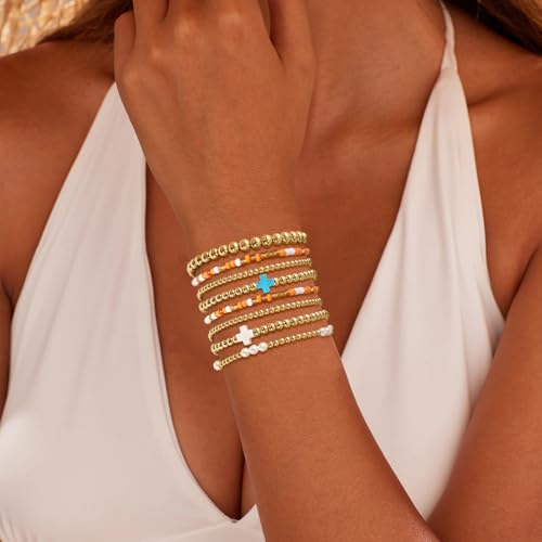 VIBILIA Gold Beaded Bracelets Set for Women 14K Gold Plated Dainty Pearl Cross Bracelet Stack Stretch Bracelet Set Fashion Accessories Gifts - color: 8P-#02-6441-Orange