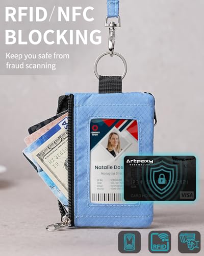 Artpaxy Minimalist Wallet For Mens Womens, Keychain RFID Blocking Zipper Small Wallet with ID Window 2 Lanyards,Water Resistant Travel Cash Card Coin Case Boys Girls - color: Powder blue, style: Casual