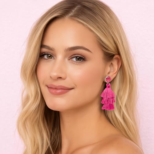 Tassel Earrings for Women - Colorful Layered Tassle Dangle Drop Earrings - color: Pink