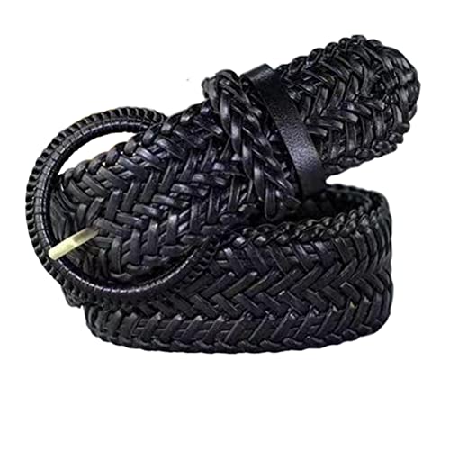 Women Wide Braided Leather Belt 1.6 inch Ladies Soft Woven Waistband with Buckle - color: Black