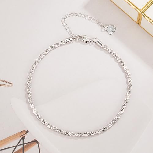 Dankadi 925 Sterling Silver Anklets Bracelet Women/Men Waterproof Simple Durable Chopin Chain/Cuban Link/Figaro/Box/Twist Rope Chain For Beach Foot Jewelry Gift - color: 3MM Twist Rope Chain, size: 27cm