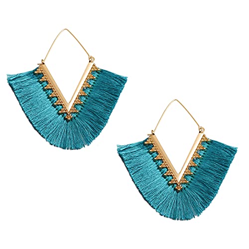 Tassel Hoop Earring Statement Thread Dangle Earrings Stylish Long Fringe Drop Earrings Lightweight Long Swingy French Hook Earrings for Women - color: A Turquoise
