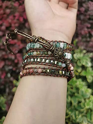Women Wrap Bracelet Boho Natural Jasper Crystal Stone Beads Strand Bracelets - color: Labradorite