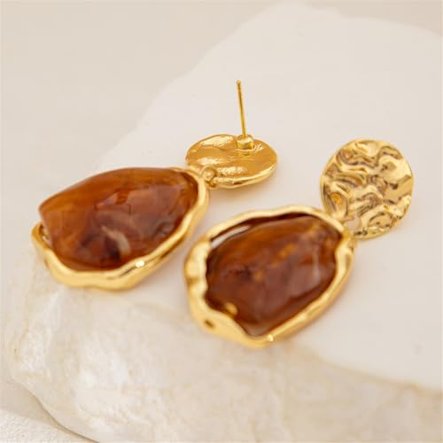 Irregular Crystal Dangle Earrings,Vintage Baroque Pearl Stud Melted Liquid Metal Wrinkle Drop Earring Geometric Statement Earrings for Women - color: Brown